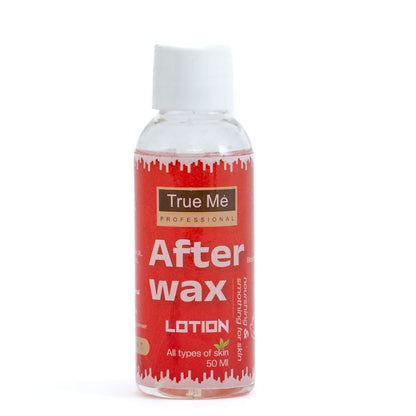 A bottle of True Me Professional After Wax Lotion with a red label, designed for hair removal waxing.