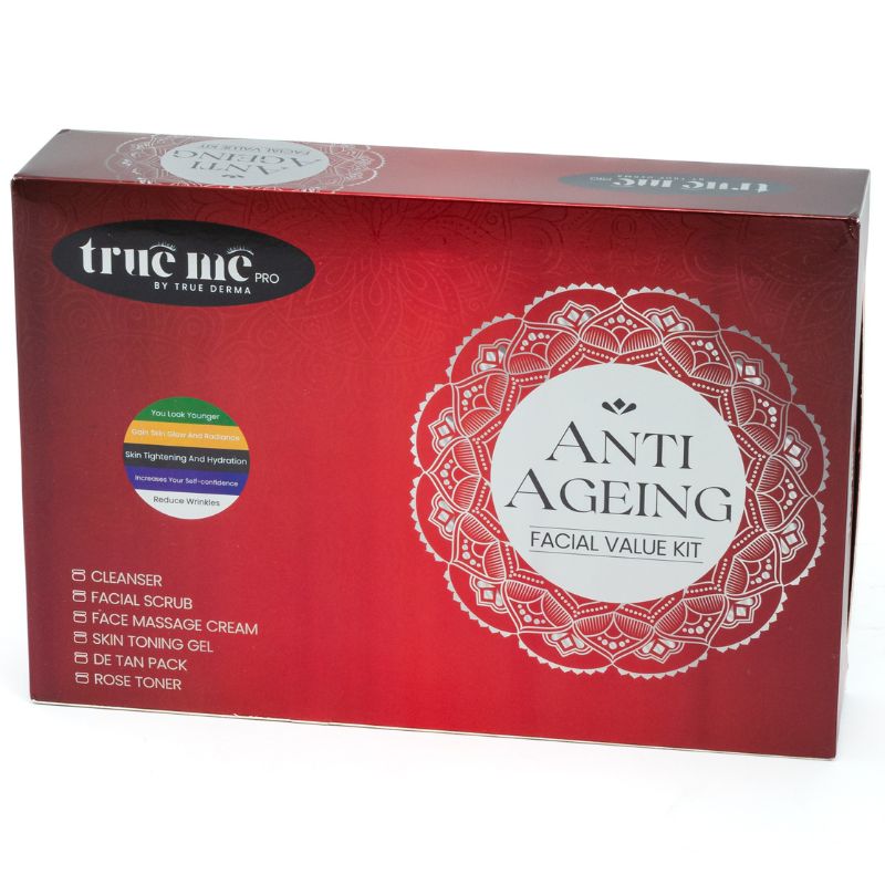 A boxed Trueme Anti-Ageing Facial Value Kit, containing various skincare products such as a cleanser, facial cream, toning gel, and rose tones.
