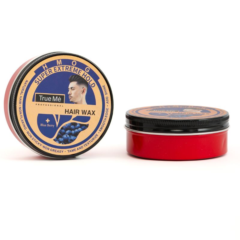A container of True Me Hair Wax with the Blueberry scent label, indicating a super extreme hold for styling hair.