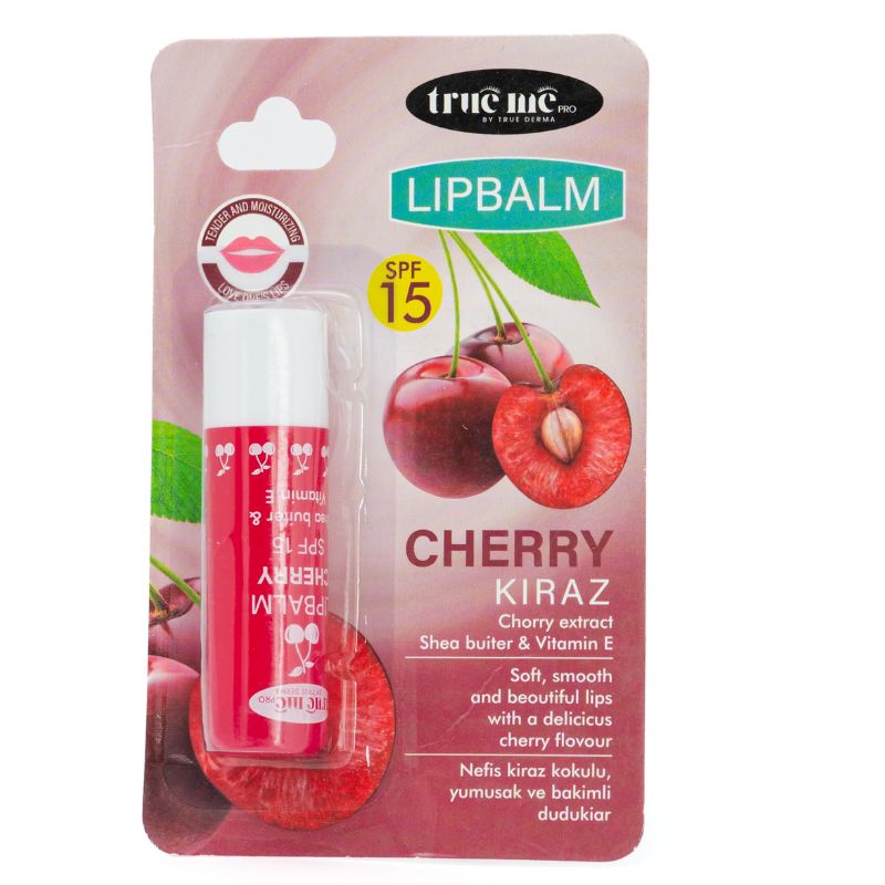 Packaging of True Me Lip Balm in Cherry Flavor, with an image of a cherry and leaves on the balm stick, enclosed in a clear plastic container.