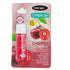 Packaging of True Me Lip Balm in Cherry Flavor, with an image of a cherry and leaves on the balm stick, enclosed in a clear plastic container.