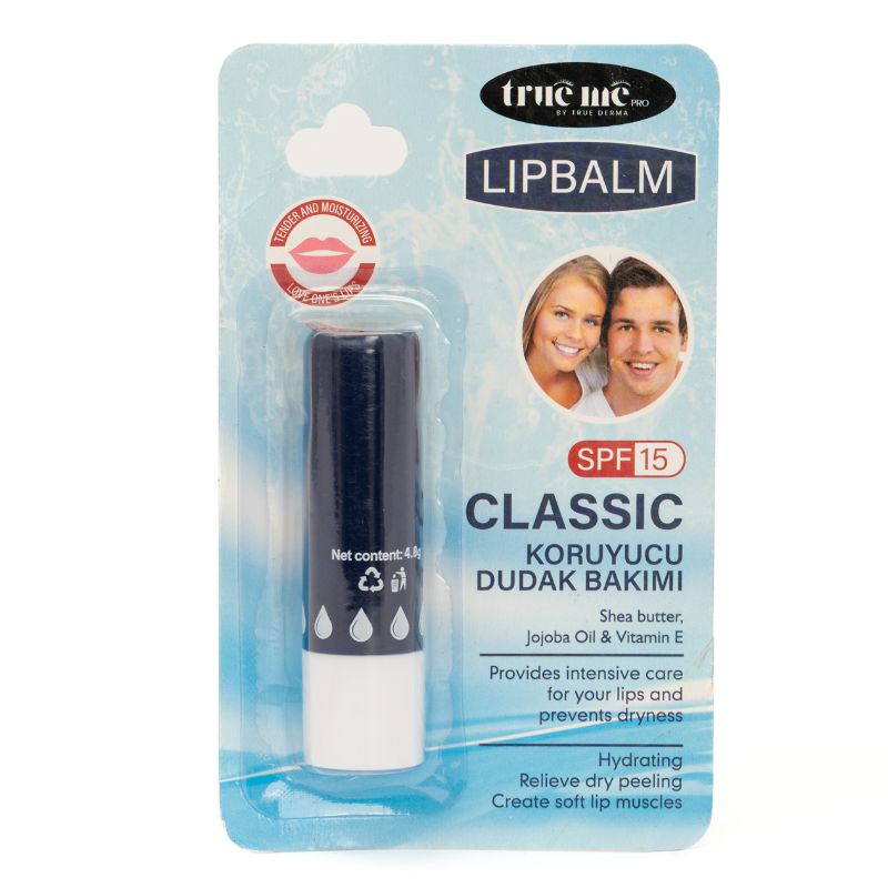True Me Classic Protective Lip Balm in a blue and white packaging, with an image of a couple and text highlighting the product features.
