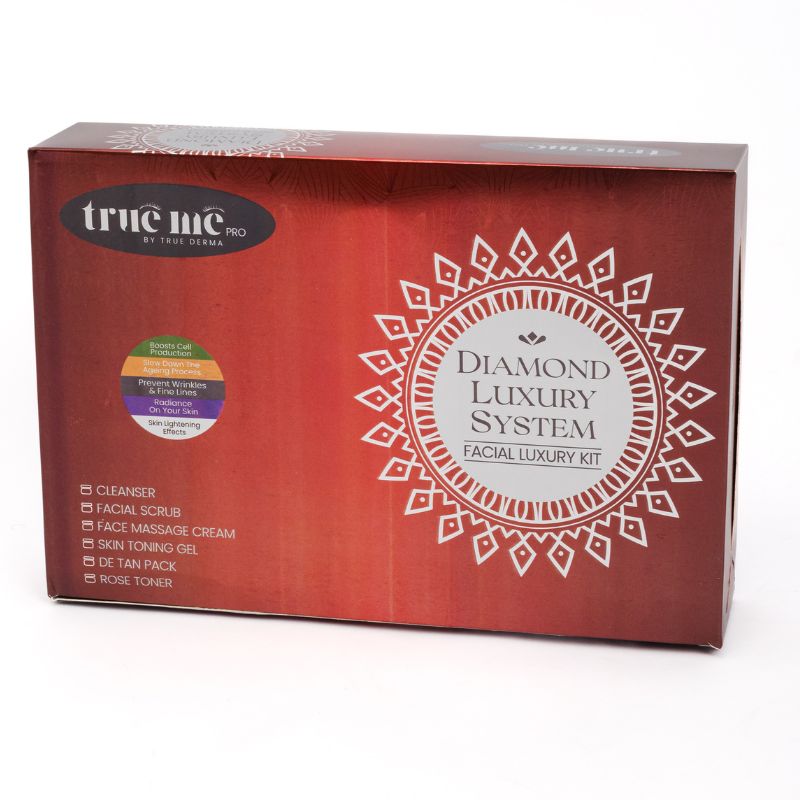 A boxed Trueme Anti-Ageing Facial Value Kit, containing various skincare products such as a cleanser, facial cream, toning gel, and rose tones.