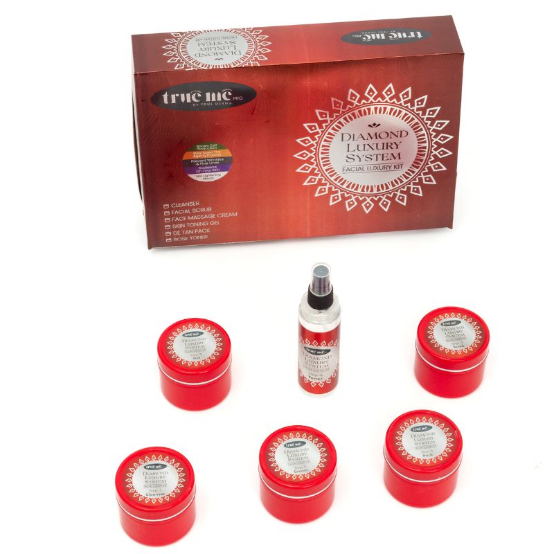 A boxed Trueme Anti-Ageing Facial Value Kit, containing various skincare products such as a cleanser, facial cream, toning gel, and rose tones.