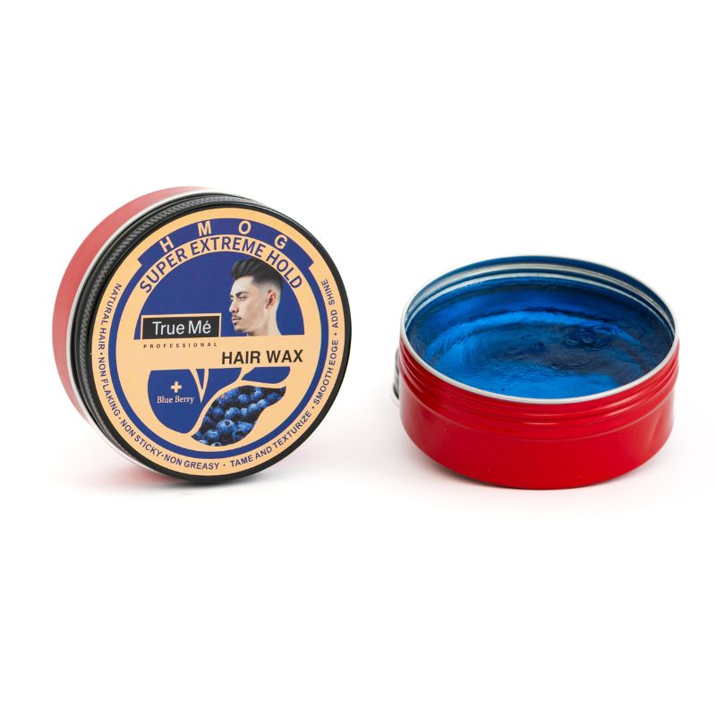 A container of True Me Hair Wax with the Blueberry scent label, indicating a super extreme hold for styling hair and a open container containing wax inside of it 