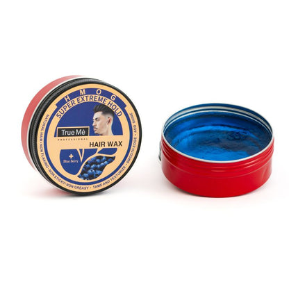 A container of True Me Hair Wax with the Blueberry scent label, indicating a super extreme hold for styling hair and a open container containing wax inside of it 