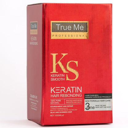 A red box of True Me Keratin Hair Rebonding Cream with branding and product information displayed.