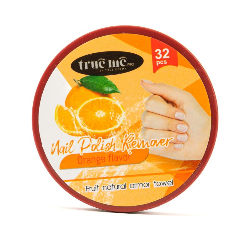 true me nail polish remover in orange flavor containing 32 pieces in one container 