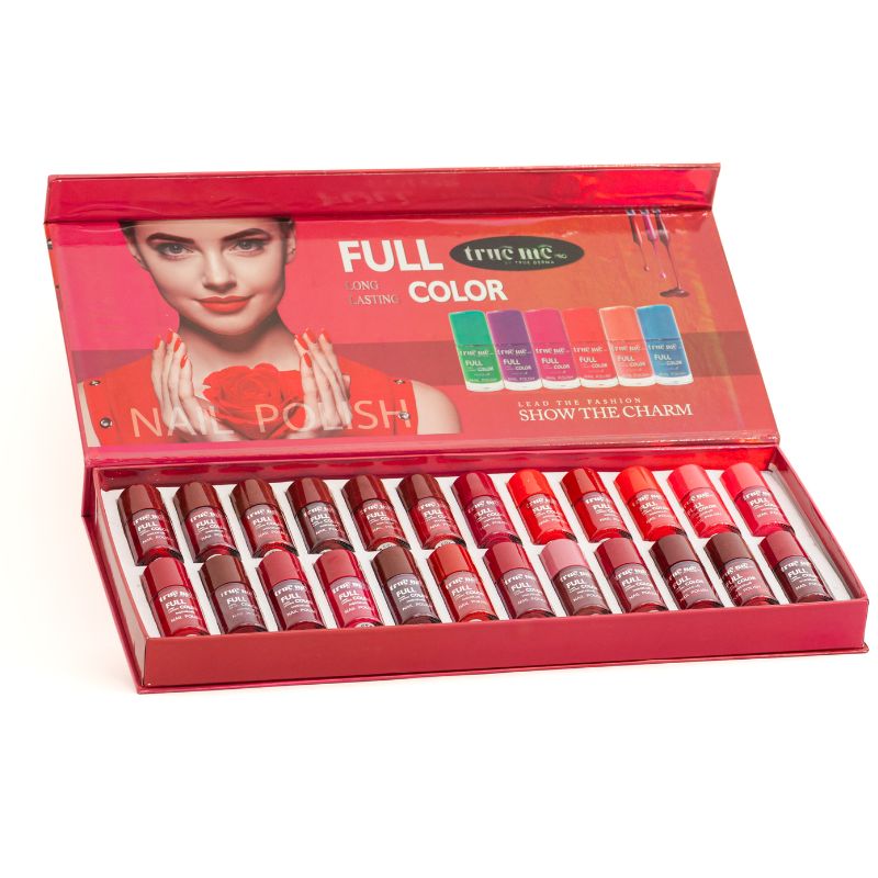 A set of nail polishes in a line, with the bottle tips showing the color of each polish, from left to right: red, maroon, purple, and black and many more 
