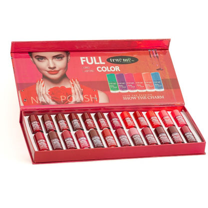 A set of nail polishes in a line, with the bottle tips showing the color of each polish, from left to right: red, maroon, purple, and black and many more 