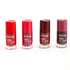 A set of four nail polishes in a line, with the bottle tips showing the color of each polish, from left to right: red, maroon, purple, and black.