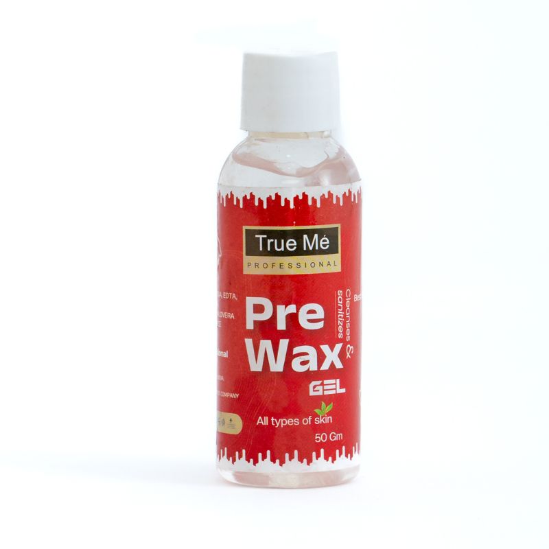 A bottle of True Me Professional Pre Wax Gel with a red label and white cap.